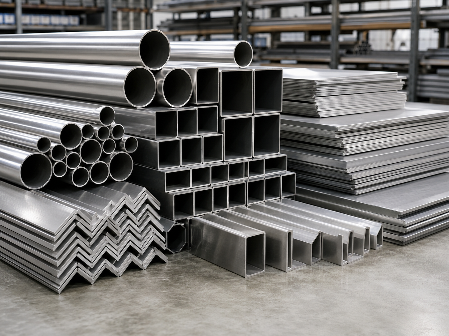 Assorted stainless steel pipes, plates, angles and channels at Allahu Mubaraq Enterprises in Orile, Lagos